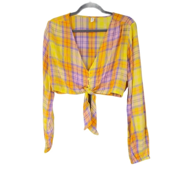 BP NWT M Yellow Multicolor Tartan Plaid Long Sleeve Crop Top Clueless Preppy - Picture 9 of 14